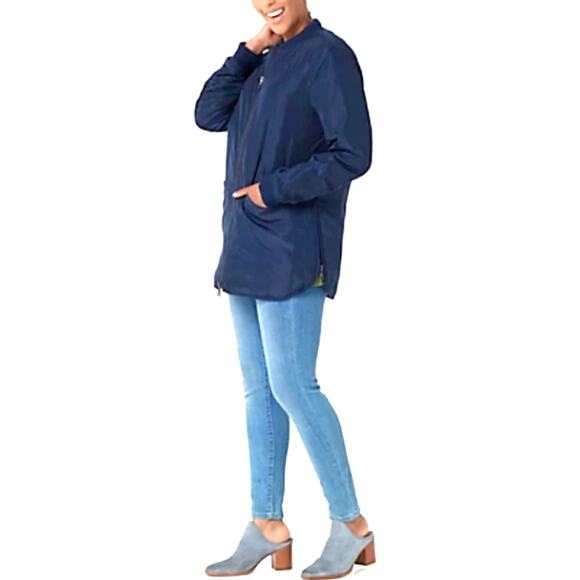 2X Logo Puffer Coat Quilted Jacket Lori Goldstein Navy Blue Midi Zip Front Lined - Picture 3 of 16